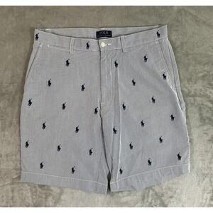 Polo Ralph Lauren Shorts Mens 33 Blue White Seersucker Embroidered Pony Allover